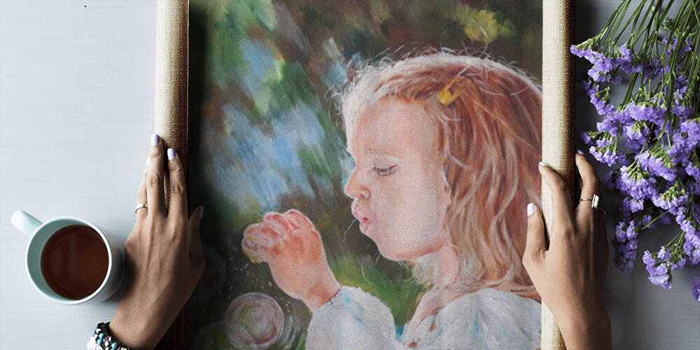 A girl blows soap bubbles painted with oil on canvas, 