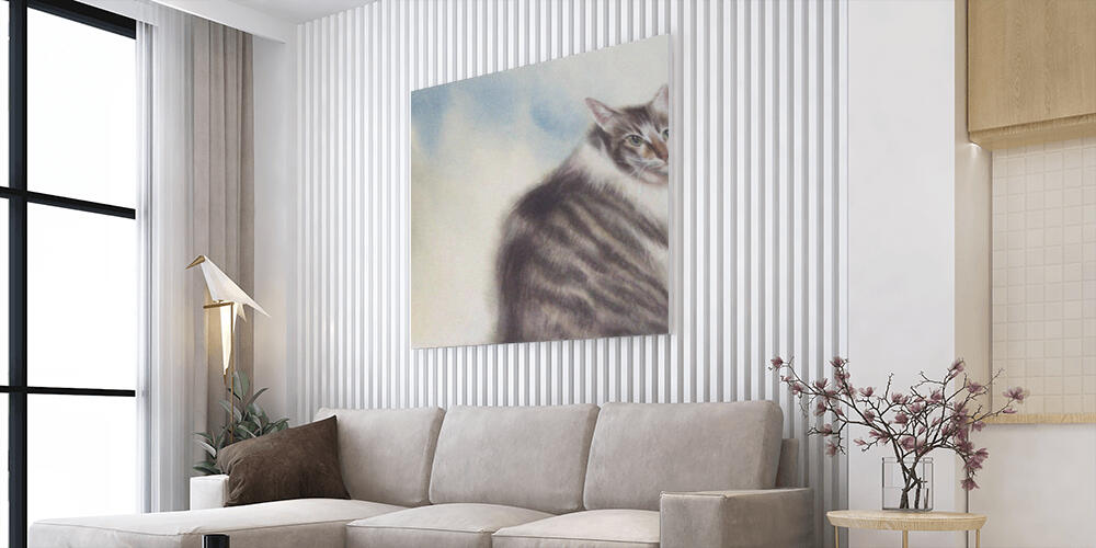 Tabby cat on blue and white watercolor background, 