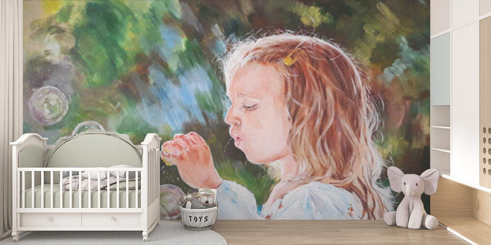 A girl blows soap bubbles painted with oil on canvas, Bambini