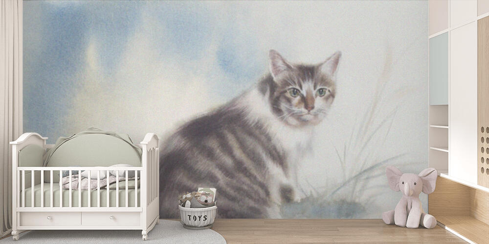 Tabby cat on blue and white watercolor background, Bambini