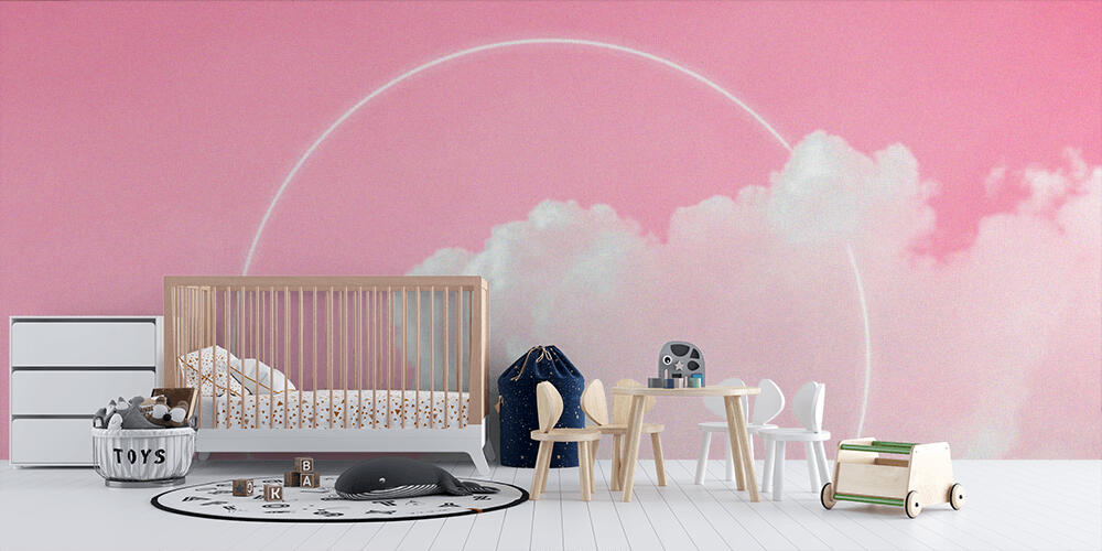 Blank circle white glowing light frame on dreamy fluffy cloud with aesthetic pink neon sky background, Bambini