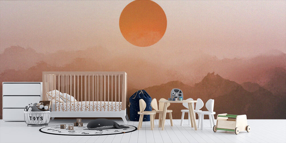 Misty sunrise landscape with forest mountains in vintage style, Bambini