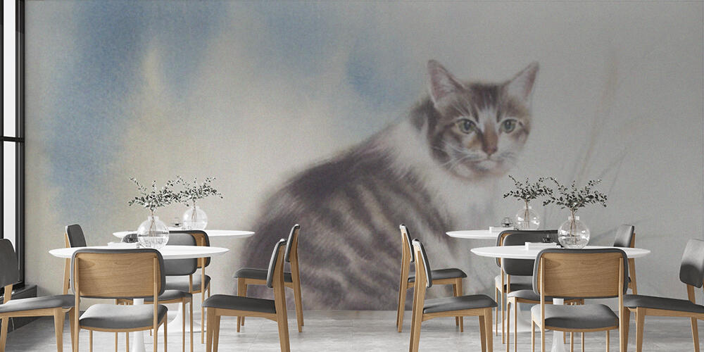 Tabby cat on blue and white watercolor background, Bar e Ristoranti