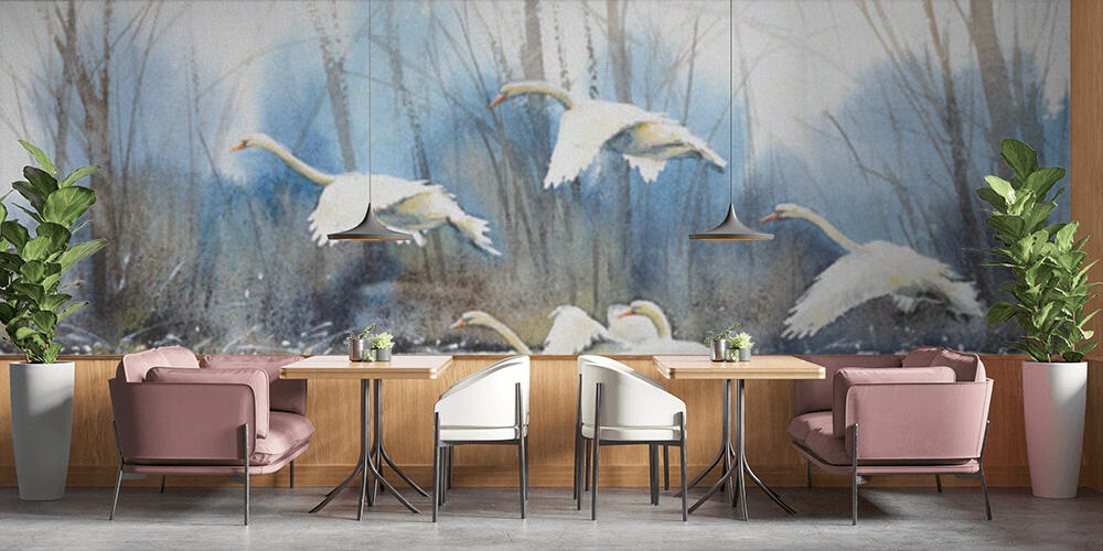 White swans flying over water, Bar e Ristoranti