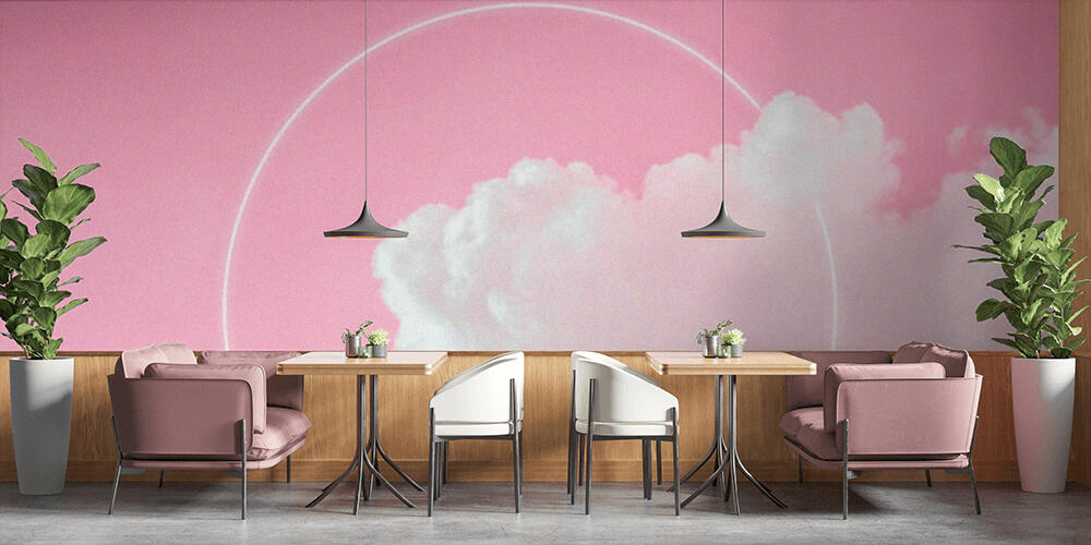 Blank circle white glowing light frame on dreamy fluffy cloud with aesthetic pink neon sky background, Bar e Ristoranti