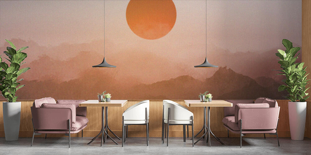 Misty sunrise landscape with forest mountains in vintage style, Bar e Ristoranti