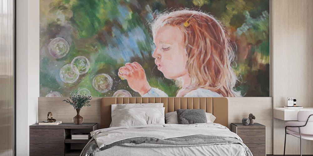 A girl blows soap bubbles painted with oil on canvas, Camera da Letto