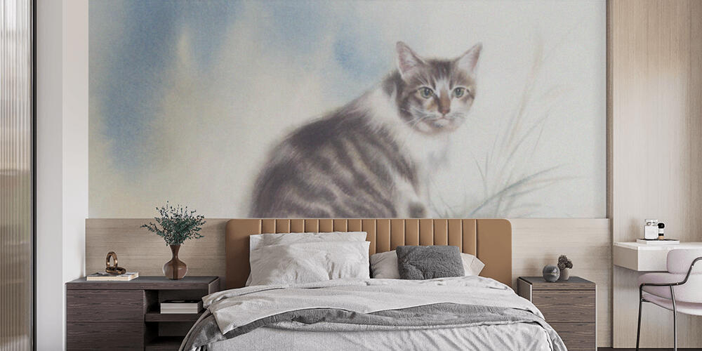 Tabby cat on blue and white watercolor background, Camera da Letto