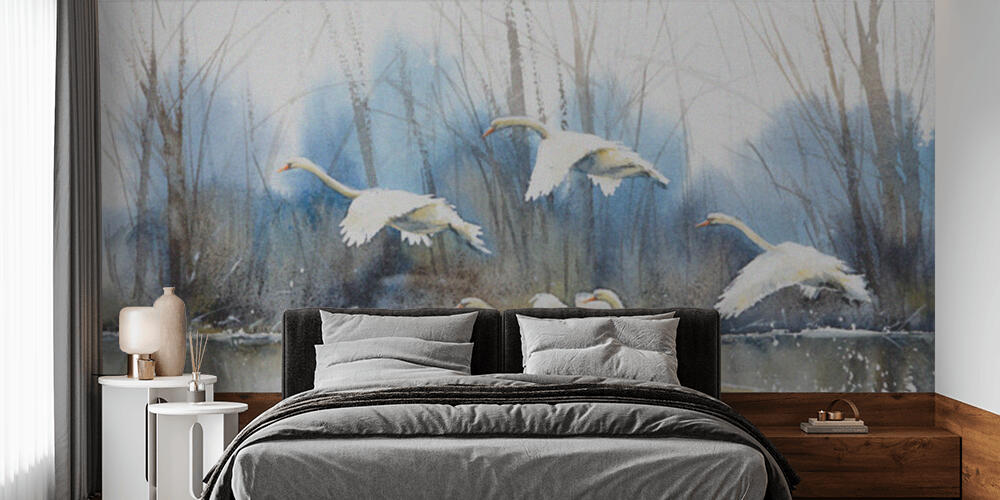 White swans flying over water, Camera da Letto