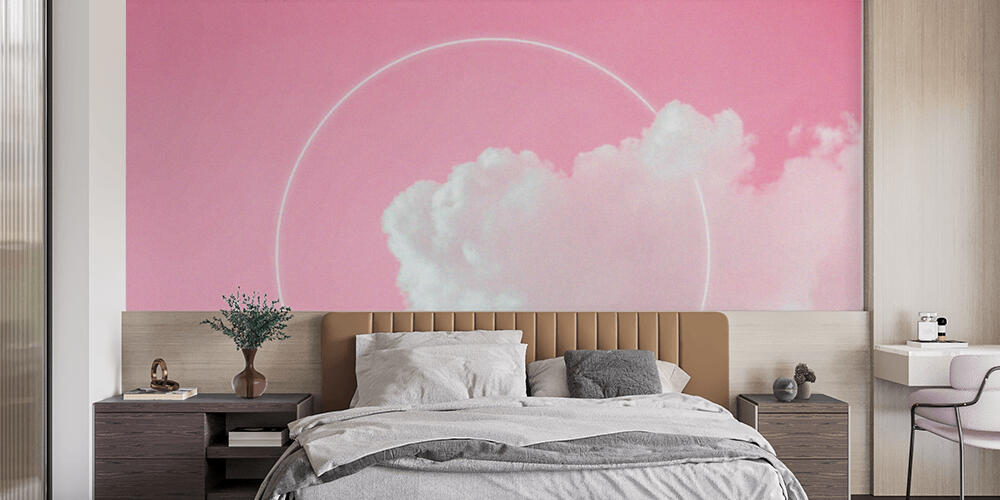 Blank circle white glowing light frame on dreamy fluffy cloud with aesthetic pink neon sky background, Camera da Letto