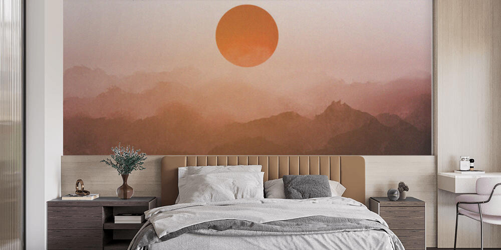 Misty sunrise landscape with forest mountains in vintage style, Camera da Letto