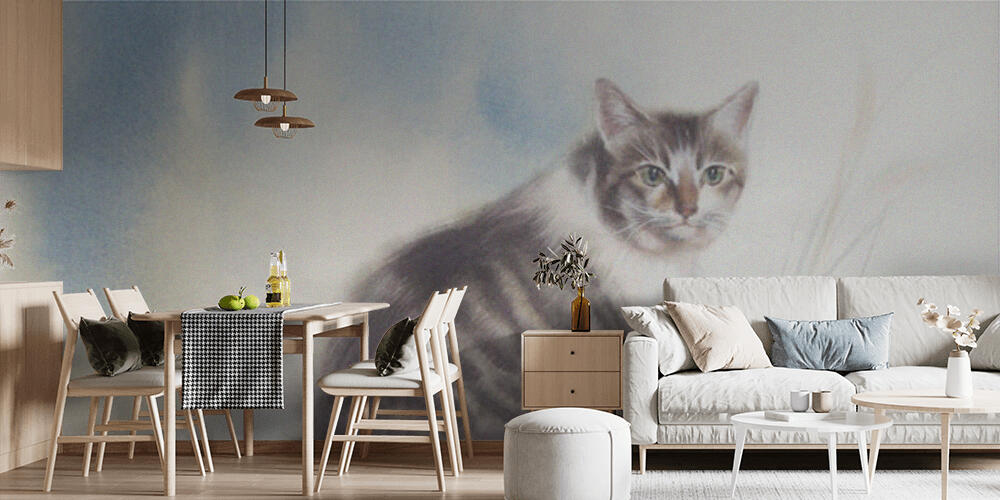 Tabby cat on blue and white watercolor background, Cucina