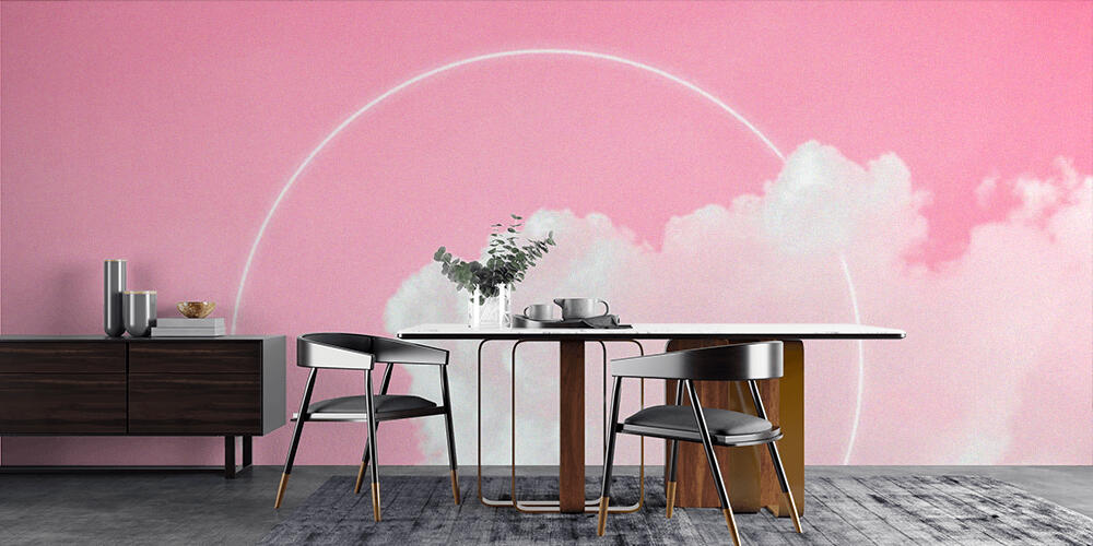 Blank circle white glowing light frame on dreamy fluffy cloud with aesthetic pink neon sky background, Cucina