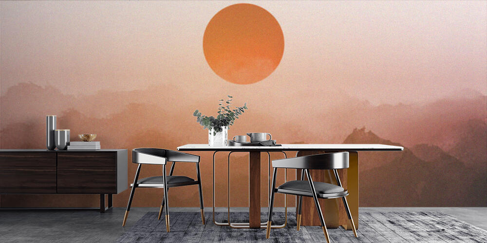 Misty sunrise landscape with forest mountains in vintage style, Cucina