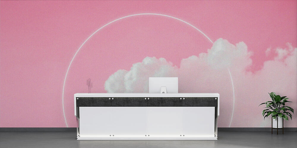 Blank circle white glowing light frame on dreamy fluffy cloud with aesthetic pink neon sky background, Reception