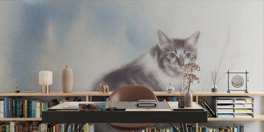 Tabby cat on blue and white watercolor background, Studio e Ufficio